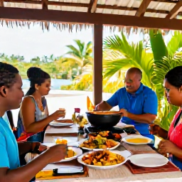 Caribbean Holidays, Dominican Cooking Holidays, Holidaymakers sharing a freshly cooked Dominican meal on a shaded terrace, with colourful dishes, tropical greenery and a relaxed Caribbean atmosphere