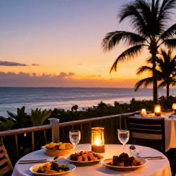 Caribbean Holidays, Dominican Cooking Holidays, Relaxed evening meal of Dominican dishes on a terrace overlooking a Caribbean sunset, with warm lantern light and palm trees