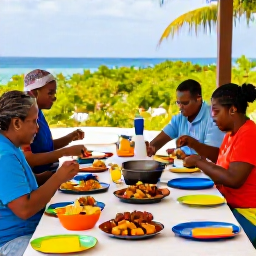 Caribbean Holidays, Dominican Cooking Holidays, Visitors enjoying a Dominican cooking class outdoors near the coast, with a prepared meal, colourful plates and tropical greenery in the background