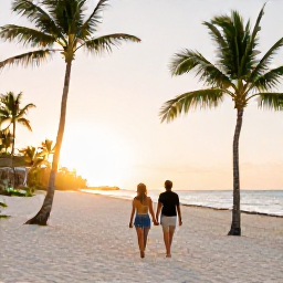 Caribbean Holidays, Dominican Couples Holidays, Couple walking hand in hand along a palm-fringed white sand beach in Punta Cana, Dominican Republic, at sunset