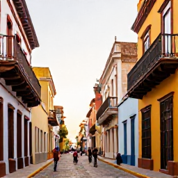Caribbean Holidays, Dominican Culture Holidays, Colourful colonial street in Santo Domingo with Spanish architecture, local people and warm afternoon light