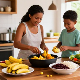 Caribbean Holidays, Dominican Culture Holidays, Dominican family preparing traditional food in a welcoming kitchen, with plantains, rice, beans and fresh ingredients on the table