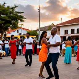 Caribbean Holidays, Dominican Culture Holidays, Dominican musicians and dancers performing merengue and bachata in a lively town square at sunset, with colourful clothing and local spectators