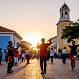 Caribbean Holidays, Dominican Culture Holidays, Dominican musicians and dancers performing merengue and bachata in a lively town square at sunset