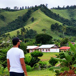 Caribbean Holidays, Dominican Culture Holidays, Visitors exploring a lush Dominican countryside village near green hills, with a local guide, small homes and relaxed rural scenery