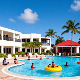 Caribbean Holidays, Dominican December, A colourful Dominican Republic family resort decorated for Christmas, with a swimming pool, palm trees and families enjoying festive activities