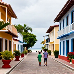Caribbean Holidays, Dominican December, A family exploring a colourful Dominican Republic town near the coast, with tropical plants, local architecture and a friendly relaxed atmosphere