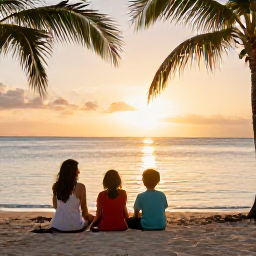Caribbean Holidays, Dominican December, A happy family watching a golden sunset over a Dominican Republic beach in December, with calm sea, palm silhouettes and warm evening light