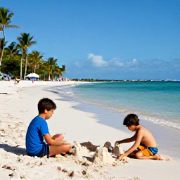 Caribbean Holidays, Dominican December, A relaxed family scene on a sunny Dominican Republic beach in December, with children building sandcastles, calm turquoise water and palm trees