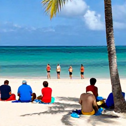 Caribbean Holidays, Dominican December Adventures, A lively December adventure scene in the Dominican Republic, showing turquoise Caribbean water, palm trees and travellers preparing for outdoor activities