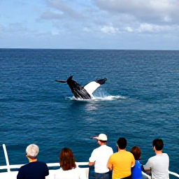 Caribbean Holidays, Dominican December Adventures, A whale-watching boat near Saman&aacute; Bay in the Dominican Republic, with a breaching humpback whale and passengers viewing from the deck
