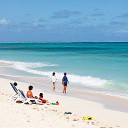 Caribbean Holidays, Dominican December, Children and parents enjoying a safe, spacious Dominican Republic beach, with gentle waves, sun loungers, beach toys and clear Caribbean water