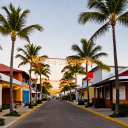 Caribbean Holidays, Dominican December, Colourful Dominican Republic Christmas decorations and festive street scene in December, warm tropical evening light