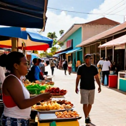 Caribbean Holidays, Dominican December, Colourful Dominican Republic market street with local food, music and friendly people in warm December sunshine