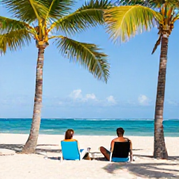 Caribbean Holidays, Dominican December, Couple relaxing on a quiet Dominican Republic beach beneath palm trees in bright December sunshine