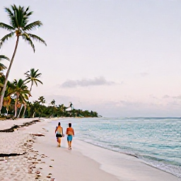 Caribbean Holidays, Dominican December, Couple walking along a quiet beach near Bayahibe, Dominican Republic, gentle morning light, clear water and coconut palms