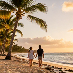 Caribbean Holidays, Dominican December, Couple walking hand in hand along a palm-fringed Caribbean beach in the Dominican Republic at sunset