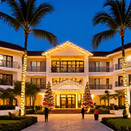 Caribbean Holidays, Dominican December, Festive all-inclusive resort in the Dominican Republic with decorated palm trees, warm evening lights and guests celebrating Christmas