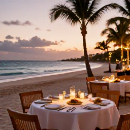 Caribbean Holidays, Dominican December, Outdoor resort dining beside a Dominican Republic beach at sunset, tropical dishes, soft lights and a relaxed festive December evening