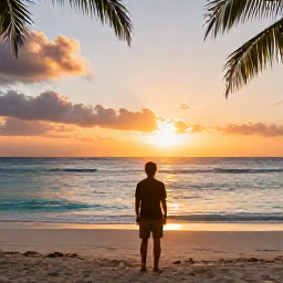 Caribbean Holidays, Dominican December, Relaxed traveller looking across a tropical Dominican Republic beach at sunset from an all-inclusive resort