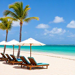 Caribbean Holidays, Dominican December, Romantic beachfront resort in Punta Cana with sun loungers, palm trees and turquoise water