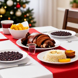 Caribbean Holidays, Dominican December, Traditional Dominican Christmas meal with roast pork, rice, beans, plantains and festive decorations on a family table