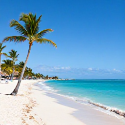 Caribbean Holidays, Dominican December, Wide sandy Caribbean beach in Punta Cana, Dominican Republic, bright December sunshine, calm turquoise sea, palm trees and relaxed holiday atmosphere