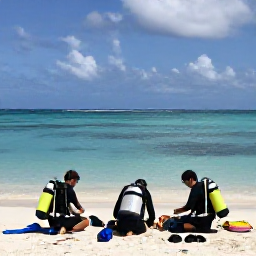 Caribbean Holidays, Dominican Diving, A small group of scuba divers preparing equipment beside a calm Caribbean beach in the Dominican Republic