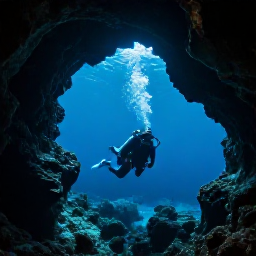 Caribbean Holidays, Dominican Diving, Diver exploring a mysterious underwater cave with clear blue water and rock formations in the Dominican Republic