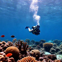 Caribbean Holidays, Dominican Diving, Diver swimming above coral formations and tropical fish near a Caribbean island, with sunlight filtering through the water
