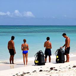 Caribbean Holidays, Dominican Diving, Friendly dive instructor preparing scuba equipment with holidaymakers beside a tropical beach in the Dominican Republic