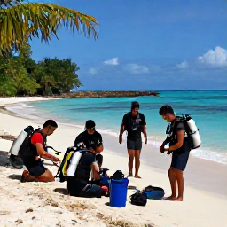 Caribbean Holidays, Dominican Diving, Friendly scuba diving group preparing equipment beside a tropical beach in the Dominican Republic