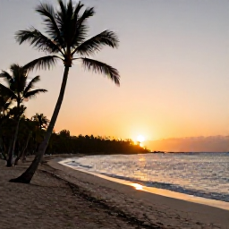 Caribbean Holidays, Dominican Diving, Golden Caribbean sunset over a sandy Dominican Republic beach with palm trees and calm sea
