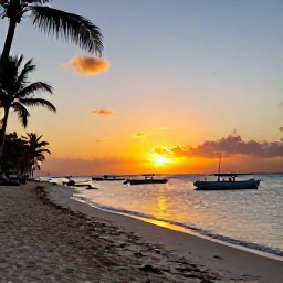 Caribbean Holidays, Dominican Diving, Relaxed Caribbean beach at sunset in the Dominican Republic with dive boats offshore and palm trees along the shore