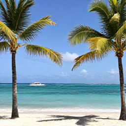 Caribbean Holidays, Dominican Diving, Relaxed Caribbean beach with palm trees, calm turquoise sea and scuba diving boat in the distance, Dominican Republic