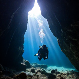 Caribbean Holidays, Dominican Diving, Scuba diver entering a dramatic underwater cave with beams of sunlight in the Dominican Republic