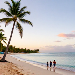 Caribbean Holidays, Dominican Family Holidays, A family enjoying a colourful Dominican beach at sunset with calm turquoise water and palm trees