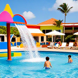 Caribbean Holidays, Dominican Family Holidays, A family enjoying a colourful resort pool in the Dominican Republic, with children playing in a splash area and adults relaxing nearby