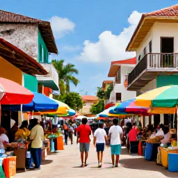 Caribbean Holidays, Dominican Family Holidays, A family exploring a colourful tropical market and historic street in Santo Domingo, Dominican Republic, during a sunny holiday day