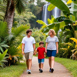 Caribbean Holidays, Dominican Family Holidays, A family exploring a lush Dominican Republic nature park, walking along a safe path near tropical plants and a gentle waterfall