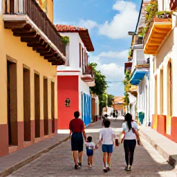 Caribbean Holidays, Dominican Family Holidays, A family exploring the colourful streets and historic buildings of Santo Domingo, Dominican Republic, in warm November sunshine