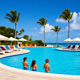 Caribbean Holidays, Dominican Family Holidays, A family relaxing beside a large resort swimming pool with palm trees and colourful sun loungers in Punta Cana