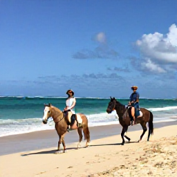 Caribbean Holidays, Dominican Family Holidays, A family riding gentle horses along a wide golden beach near Punta Cana, Dominican Republic