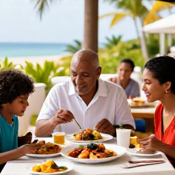 Caribbean Holidays, Dominican Family Holidays, A happy family sharing a relaxed meal at an outdoor restaurant in the Dominican Republic, with local dishes and a friendly Caribbean atmosphere
