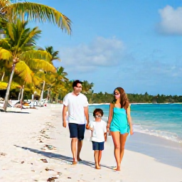 Caribbean Holidays, Dominican Family Holidays, A happy family walking along a palm-fringed beach in the Dominican Republic during a sunny July holiday