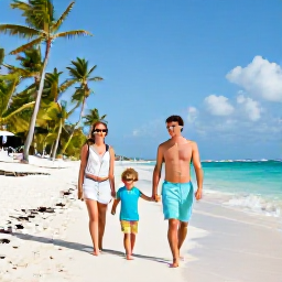 Caribbean Holidays, Dominican Family Holidays, A happy family walking along a sunny palm-fringed beach in the Dominican Republic during May