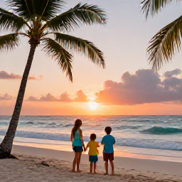Caribbean Holidays, Dominican Family Holidays, A happy family watching a colourful Caribbean sunset from a Dominican Republic beach, with palm silhouettes and gentle waves