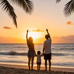 Caribbean Holidays, Dominican Family Holidays, A happy family watching the sunset over a Dominican Republic beach, with palm silhouettes and gentle waves
