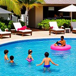Caribbean Holidays, Dominican Family Holidays, A lively family-friendly resort pool in the Dominican Republic with children playing, parents relaxing nearby and tropical gardens surrounding the pool