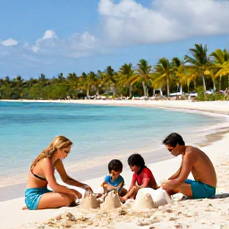 Caribbean Holidays, Dominican Family Holidays, A relaxed family scene on a bright Dominican Republic beach, with parents and children building sandcastles beside calm turquoise water and palm trees